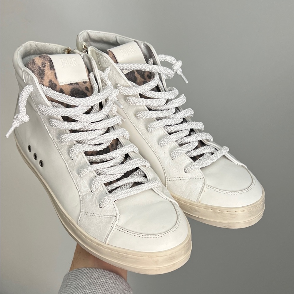 P448 high top white sneaker with leopard print zip up sides size 41 US 10 NO box